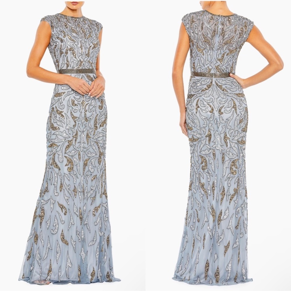 Mac Duggal 5532 Jewel Neckline Embellished Illusion Cap Sleeve Gown Size 16 NWT